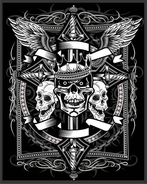 Vintage Label Skull Ornate Christian Cross Dagger Knife — Stock Vector