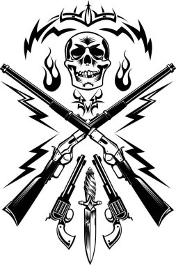 Kafatası, silahlar, tabancalar ve tüfekler.