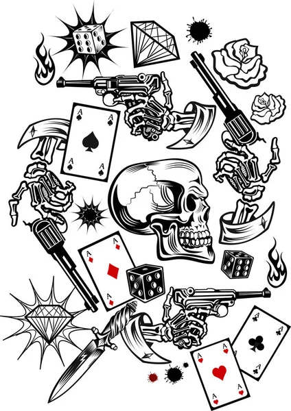 Skulls Playing Cards Guns Vector Illustrations — Stock Vector
