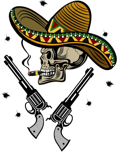 Mexikanischer Totenkopf Mit Sombrero Und Pistole — Stockvektor
