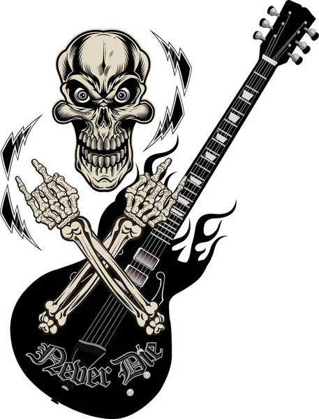 Guitarra Rock Esqueleto Dibujo Arte — Vector de stock