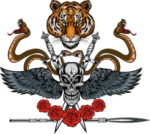 Gyönyörű Arckép Tigrisről Koponyáról Rózsákkal Szárnyakkal Csíkos Bunda Tetoválás — Stock Vector