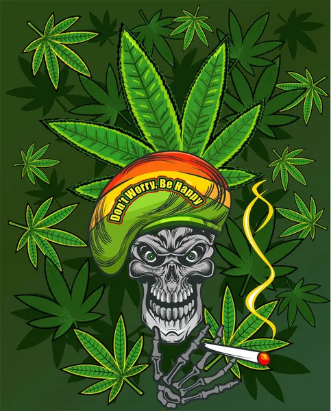 Cráneo Rastamán Con Hojas Cannabis Cigarrillo — Vector de stock