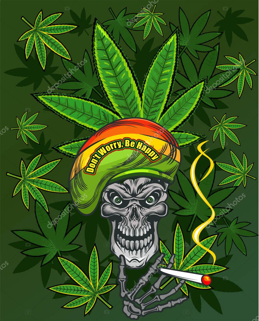 Rastaman skull with cannabis leafs and cigarette