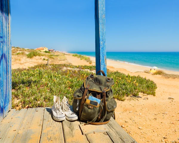 Backpacking traveller in a beach rest. Tavira island, Algarve. Portugal — Stock Photo, Image