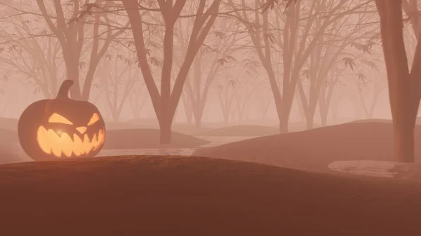 Jack Lámpások Ragyognak Erdőben Kísérteties Éjszakai Halloween Háttér Renderelés — Stock Fotó