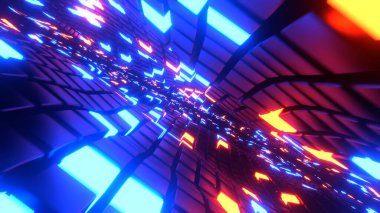 Soyut fütüristik bilim kurgu geçmişi. Neon ışıklı arka planda uçan hareket. 3B görüntüleme