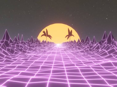 Dijital 80 'lerin soyut arka planı. Retro dans partisi geçmişi. Gelecekçi siber manzara. 3B görüntüler oluşturuluyor