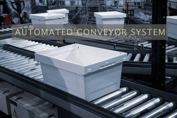 Automated conveyor logistics warehouse system. Automatic sorting system of plastic tray in industry warehouse. Illustration with AUTOMATED CONVEYOR SYSTEM word.