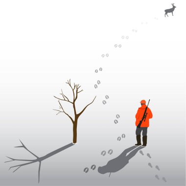 Karda hayvan izleri, Avcı kışın kardaki geyik izlerini takip ediyor.