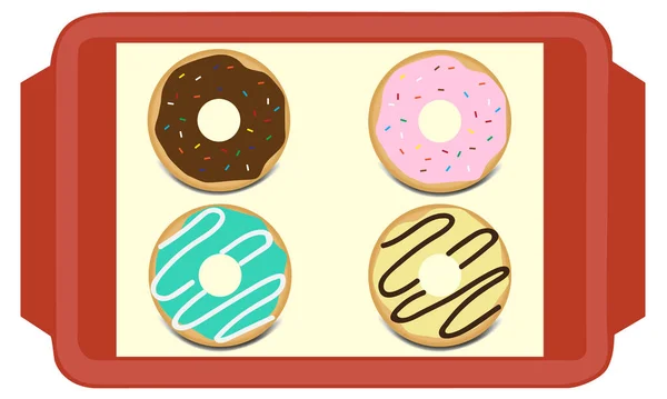 Set Von Süßen Glasierten Donuts Mit Belag Auf Rotem Tablett — Stockvektor