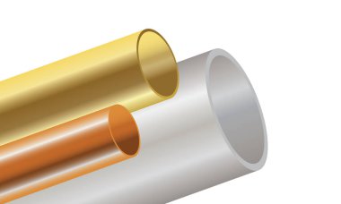 İş dünyası yaratıcı tasarımı için beyaz arka planda paslanmaz çelik bakır ve pirinç borular