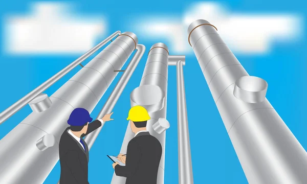 Ölraffinerie Turm Schaut Mit Manager Und Bauunternehmer Auf — Stockvektor