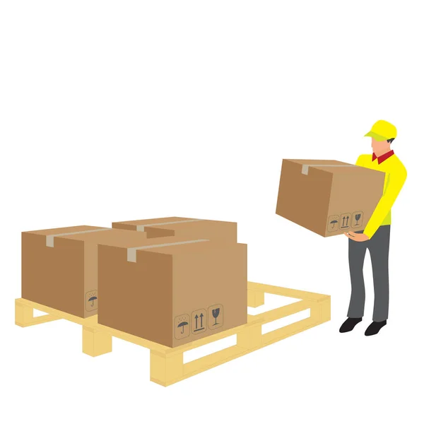 Vektor Doručovatele Zvedající Karton Dřevěné Palety Skladu Logistické Skladiště Koncepce — Stockový vektor