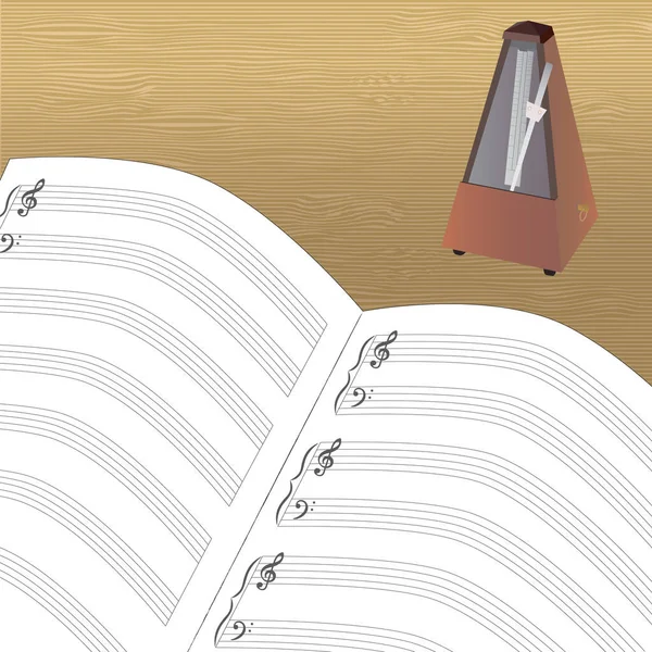 Instrument Musique Métronome Cahier Musique Vierge Avec Aigus Basses Sur — Image vectorielle