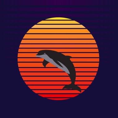 Günbatımı arka planında yunus taşıyıcısı. Su şirketi logosu çiziminden fırlayan yunus.