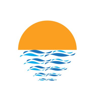 Mavi dalgalı güneş logosu. Günbatımı yaratıcı ikonu. Vektör illüstrasyon tasarımı.