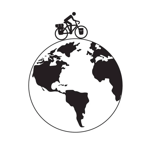 Ciclista Giro Cicloturismo Bicicletta Turismo Sulla Terra Globo Vettore — Vettoriale Stock