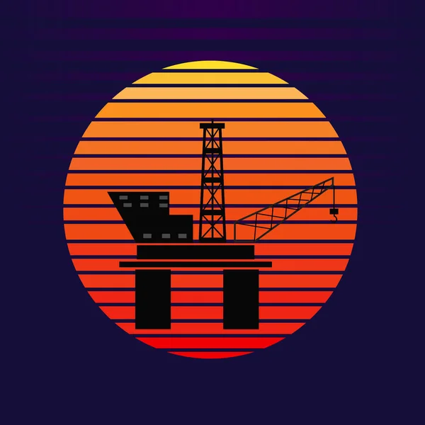 Vettore Della Piattaforma Petrolifera Offshore Sullo Sfondo Del Tramonto Logo — Vettoriale Stock