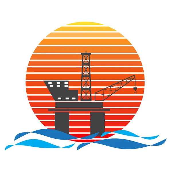Vector Van Offshore Olieplatform Zee Zonsondergang Achtergrond Ontwerp Silhouet Logo — Stockvector