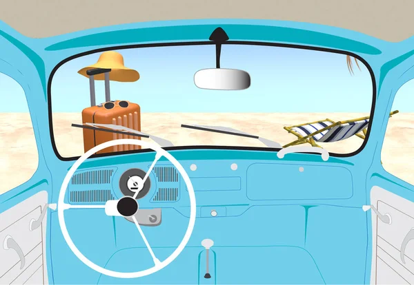 View inside of vintage beetle car driving to beach on summer holiday vacation. Retro interior old car on beach with baggage or luggage and beach chair background.