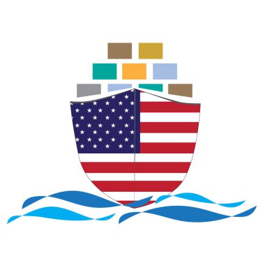 Amerikan bayrağı taşıyan konsept kargo gemisi tasarımı. Ticari gemi konteynırları ithalat ve ihracat deniz lojistiği. Vektör illüstrasyon tasarımı