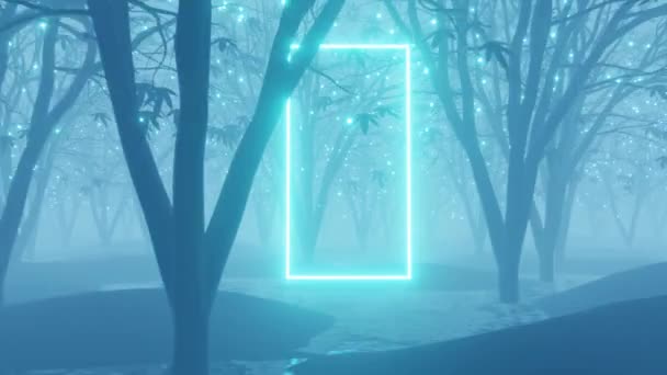 森の中でネオンのフレームを光る 暗闇の中の蛍光灯ポータルアニメーション — ストック動画