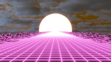 Dijital 80 'lerin soyut 3D animasyon arkaplanı. Retro dans partisi bilim kurgu kusursuz döngü. Geleceğe özgü günbatımı neon ışıkları ve düşük polimerli arazi.