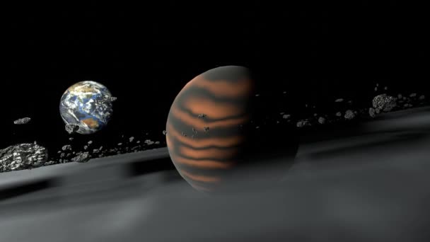 在太阳系中 地球和环状行星被岩石和尘埃环绕的景象 外层空间动画背景 — 图库视频影像