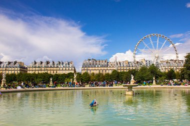 Arka planda dönme dolap olan Tuileries bahçesindeki göletin manzarası. Concorde Paris Meydanı