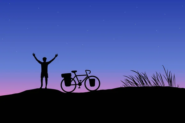 Silueta Oscura Ciclista Turismo Con Bicicleta Montaña Con Fondo Atardecer — Vector de stock