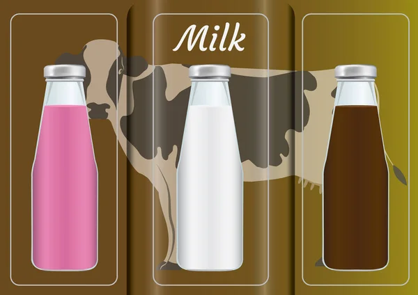 ミルクの毎日の製品テンプレート3つの味 イチゴ チョコレート 自然農産物の背景に牛とパンフレット バナー ポスター ベクトルとイラストのデザイン — ストックベクタ