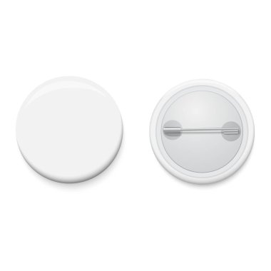 Boş beyaz rozet. Gerçekçi mandal düğmesi. Vektör ve illüstrasyon tasarımı.