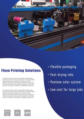 Endüstriyel baskı şirketi şablon tasarımı A4 boyutunda. Flexo reklam broşürü, broşür ve kitap kapağı. Vektör ve illüstrasyon tasarımı.