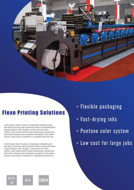 Endüstriyel baskı şirketi şablon tasarımı A4 boyutunda. Flexo reklam broşürü, broşür ve kitap kapağı. Vektör ve illüstrasyon tasarımı.