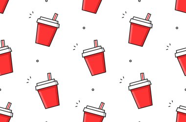 Kırmızı tek kullanımlık bardakta dikiş izi var. Vektör el çizimi resimleme