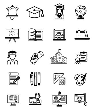 Diploma ve kırtasiye nesnelerini içeren temel, yüksek ve çevrimiçi eğitim simgeleri siyah anahat biçiminde belirlenmiştir. Web sitesi ve broşür için kullanın.