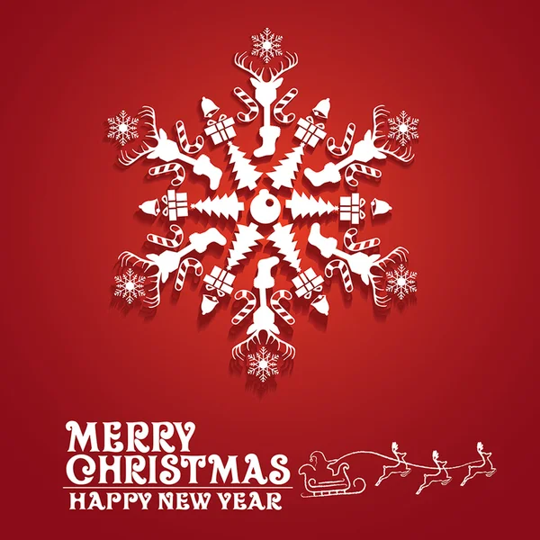 3d pop-up Natal floco de neve branca com elementos e texto fundo vermelho. Feliz cartão de ano novo.Férias, celebrações objetos de ilustração vetorial e enfeites —  Vetores de Stock