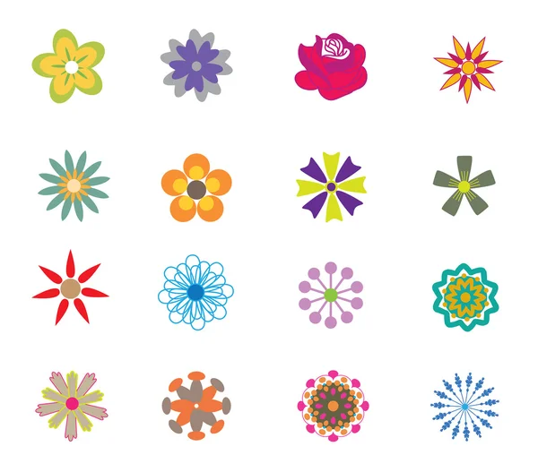 Set of flat vector Spring flower floral icons in silhouette isolated on white. Cute retro design illustrations in bright colors for stickers, labels, tags, scrap booking. — Stock Vector