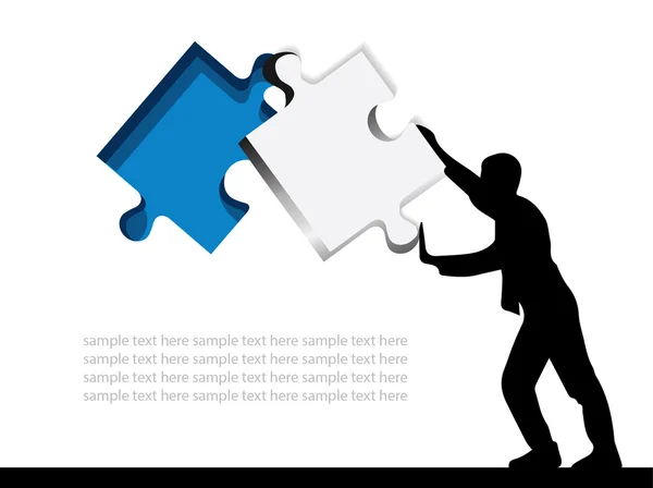 Silhouette uomo vettoriale ponendo un puzzle blu su sfondo bianco. concetto di icona di business Illustrazione Vettoriale Stock