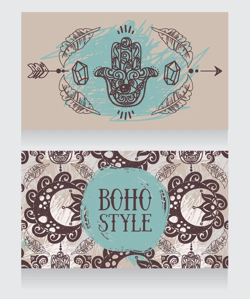 Deux cartes avec symbole hamsa doodle dans le style boho — Image vectorielle