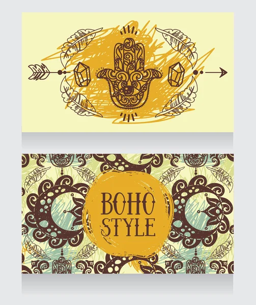 Deux cartes avec symbole hamsa doodle dans le style boho — Image vectorielle