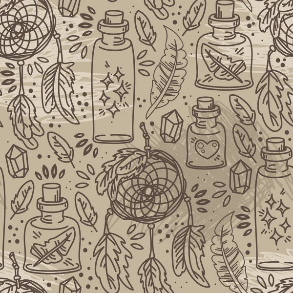 Бесшовный рисунок с ловцами снов и стеклянными колбами — стоковый вектор