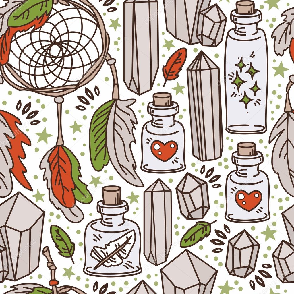 Seamless pattern with dream catchers and glass flasks