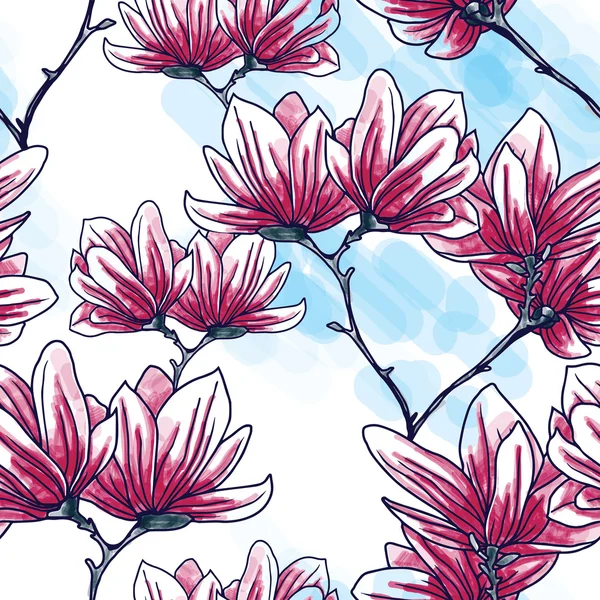 Hermosas flores de magnolia en estilo dibujado a mano — Vector de stock