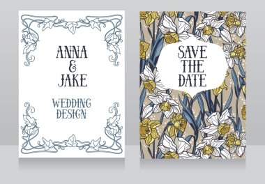 Güzel düğün kartları nergis çiçekleri ile art deco retro tarzında