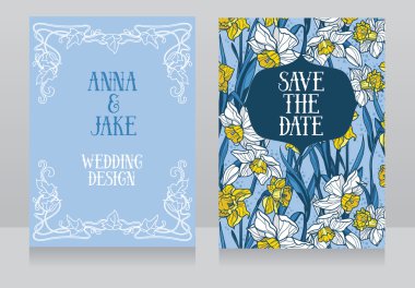 Güzel düğün kartları nergis çiçekleri ile art deco retro tarzında