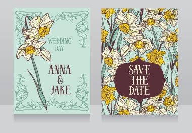 Güzel düğün kartları nergis çiçekleri ile art deco retro tarzında