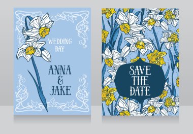 Güzel düğün kartları nergis çiçekleri ile art deco retro tarzında