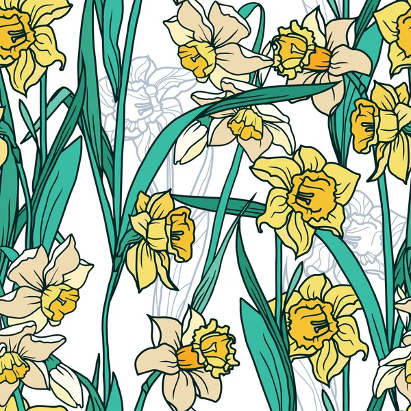 Naadloze patroon met mooie narcissus bloemen in art nouveaustijl — Stockvector